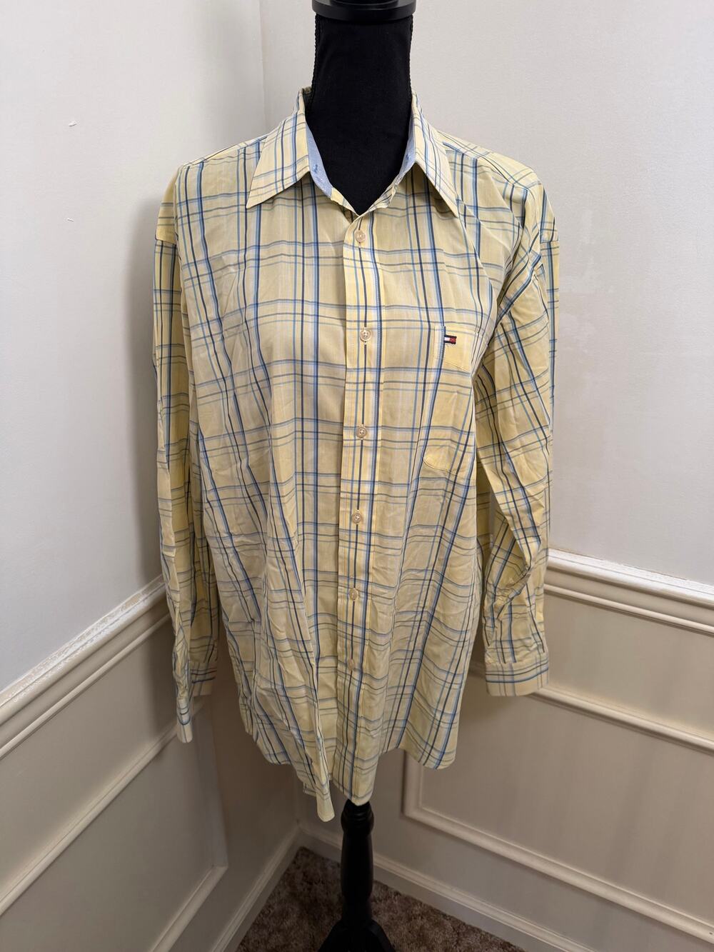 Vintage Y2K Tommy Hilfiger Plaid Button Up Dress Shirt Men's Large Yellow Blue